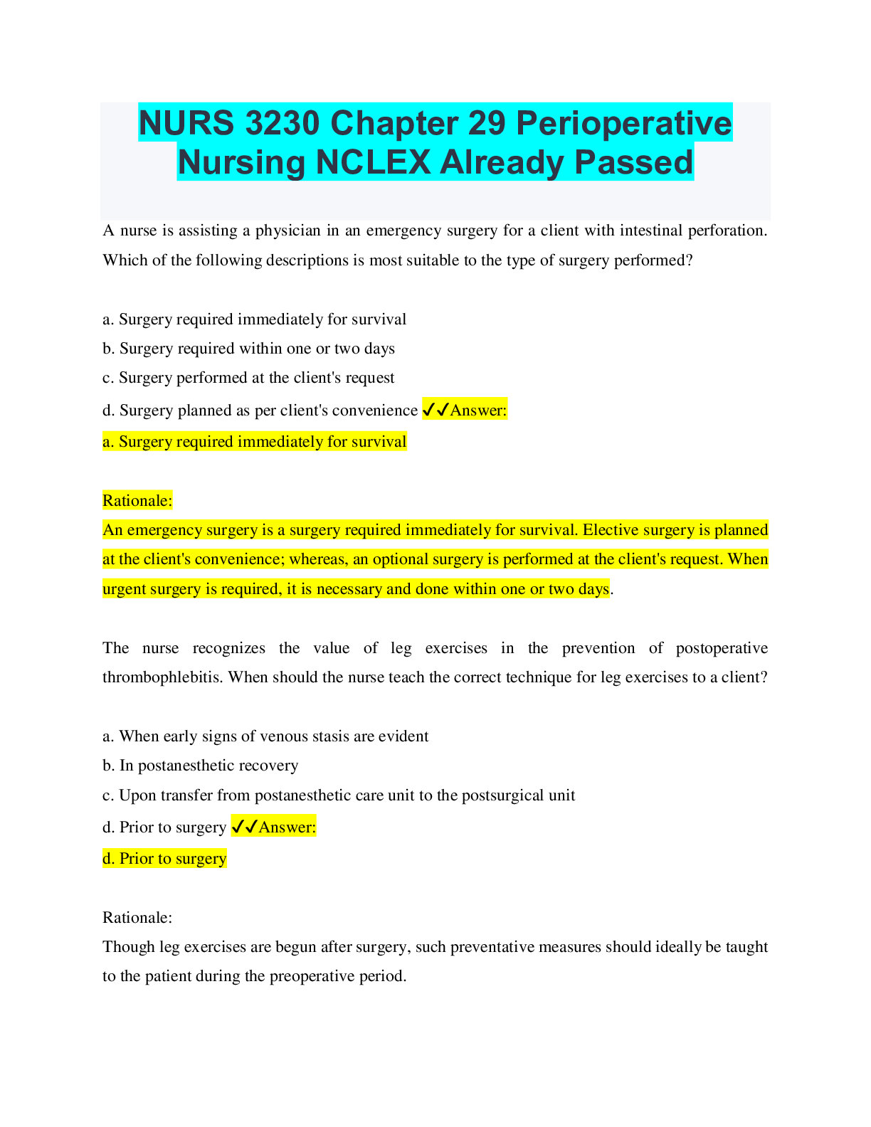 Preview of NURS 3230 Chapter 29 Perioperative Nursing NCLEX Already Passed